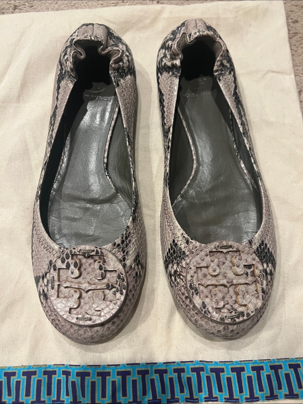Tory Burch Snakeskin-Print Reva Ballet Flats in Taupe - Picture 5 of 7